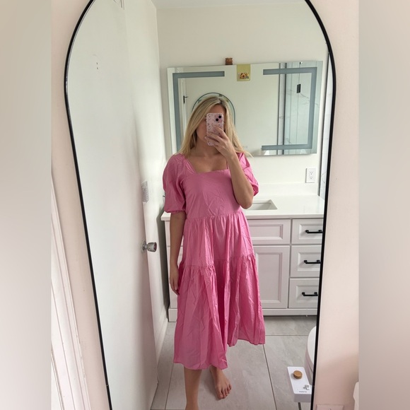 Moon River Pink Open Back Puff Sleeve Midi Dress - Picture 10 of 12